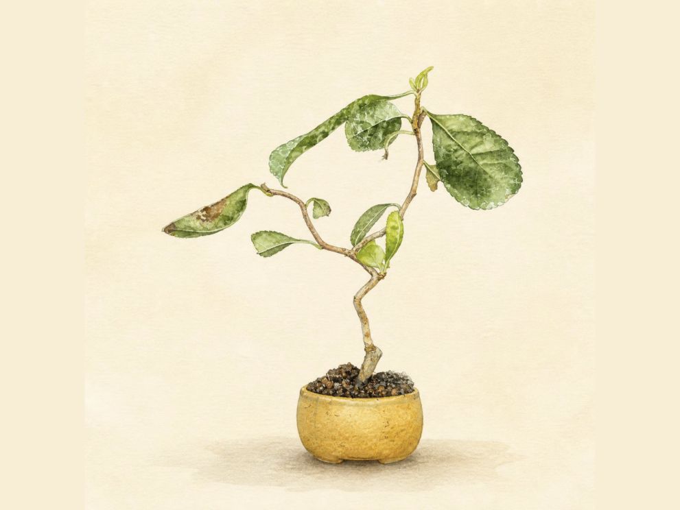 黄色い鉢に植えた盆栽の水彩風イラスト